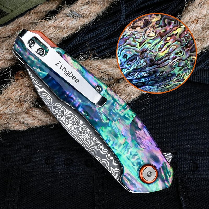 Zingbee Damascus Pocket Knife, 3.03" VG10 Damascus Steel Blade Folding Knife with Abalone Shell Handle, EDC Camping Knives for Outdoor Indoor, Gifts for Women Men - Image 4